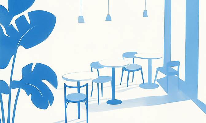 JPG 식물 라이프스타일 의자 일러스트 탁자 조명 실내 그림자 풍경 사람없음 파란색 빛 인테리어 카페 감성 국내일러스트 AI일러스트 AI콘텐츠 디자인 컬러 가구 컨셉 내부 생활 상점 파일형식