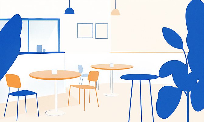 JPG 식물 라이프스타일 액자 의자 일러스트 탁자 조명 실내 풍경 사람없음 컵 파란색 인테리어 주황색 카페 감성 국내일러스트 AI일러스트 AI콘텐츠 식기 디자인 컬러 가구 컨셉 내부 생활 상점 파일형식