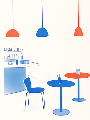 JPG 라이프스타일 의자 일러스트 탁자 조명 선반 실내 풍경 사람없음 컵 파란색 인테리어 주황색 카페 감성 국내일러스트 AI일러스트 AI콘텐츠 식기 디자인 컬러 가구 컨셉 내부 생활 상점 파일형식