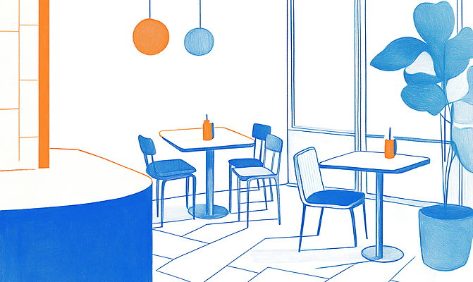 JPG 식물 라이프스타일 의자 일러스트 창문 탁자 조명 실내 풍경 사람없음 컵 파란색 인테리어 주황색 카페 병 계산대 감성 국내일러스트 AI일러스트 AI콘텐츠 식기 디자인 컬러 가구 컨셉 내부 생활 상점 파일형식