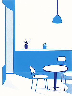 JPG 식물 라이프스타일 화분 의자 일러스트 탁자 조명 실내 그림자 풍경 사람없음 파란색 빛 인테리어 카페 감성 국내일러스트 AI일러스트 AI콘텐츠 디자인 컬러 가구 컨셉 내부 생활 상점 파일형식