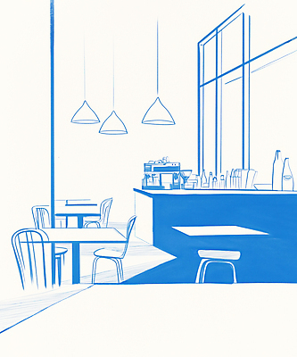 JPG 라이프스타일 의자 일러스트 창문 탁자 조명 실내 그림자 풍경 사람없음 파란색 인테리어 카페 병 커피메이커 계산대 감성 국내일러스트 AI일러스트 AI콘텐츠 식기 디자인 컬러 가구 컨셉 내부 생활 상점 커피용품 파일형식