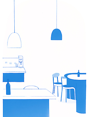 JPG 라이프스타일 의자 일러스트 탁자 조명 실내 풍경 사람없음 파란색 인테리어 카페 병 커피메이커 감성 국내일러스트 AI일러스트 AI콘텐츠 식기 디자인 컬러 가구 컨셉 내부 생활 상점 커피용품 파일형식