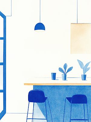 JPG 식물 라이프스타일 화분 의자 일러스트 탁자 출입구 조명 실내 그림자 풍경 사람없음 컵 파란색 인테리어 카페 계산대 감성 국내일러스트 AI일러스트 AI콘텐츠 식기 디자인 컬러 가구 컨셉 내부 생활 상점 파일형식