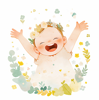 JPG 꽃 일러스트 나뭇잎 수채화 한명 미소 웃음 상반신 화관 만세 아기 순수 아기만 국내일러스트 AI일러스트 AI콘텐츠 식물 1 컨셉 잎 모션 표정 사람 파일형식