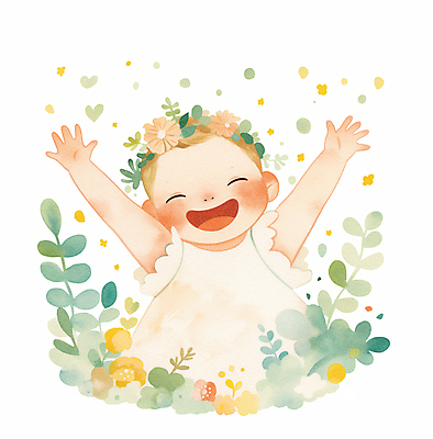 JPG 꽃 일러스트 나뭇잎 수채화 한명 미소 웃음 상반신 화관 만세 아기 순수 아기만 국내일러스트 AI일러스트 AI콘텐츠 식물 1 컨셉 잎 모션 표정 사람 파일형식