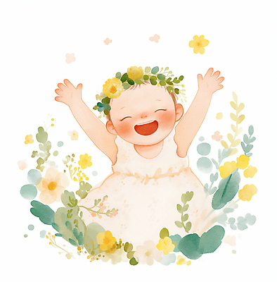 JPG 꽃 일러스트 나뭇잎 수채화 한명 미소 웃음 상반신 화관 만세 아기 순수 아기만 국내일러스트 AI일러스트 AI콘텐츠 식물 1 컨셉 잎 모션 표정 사람 파일형식