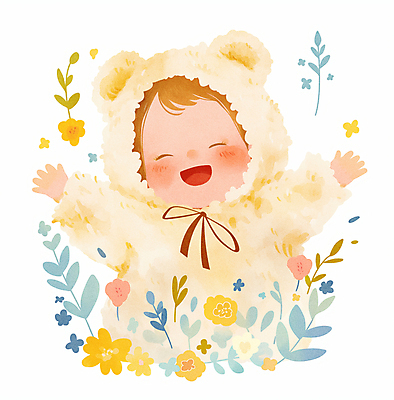 JPG 꽃 리본 일러스트 나뭇잎 수채화 한명 미소 웃음 상반신 만세 아기 순수 곰돌이의상 아기만 국내일러스트 AI일러스트 AI콘텐츠 식물 1 옷 컨셉 잎 모션 표정 사람 파일형식