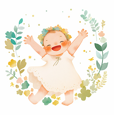 JPG 전신 꽃 일러스트 나뭇잎 수채화 한명 미소 웃음 화관 만세 아기 순수 아기만 국내일러스트 AI일러스트 AI콘텐츠 식물 1 컨셉 잎 모션 표정 사람 파일형식