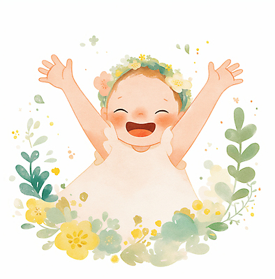 JPG 꽃 일러스트 나뭇잎 수채화 한명 미소 웃음 상반신 화관 만세 아기 순수 아기만 국내일러스트 AI일러스트 AI콘텐츠 식물 1 컨셉 잎 모션 표정 사람 파일형식