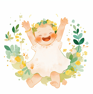 JPG 전신 꽃 일러스트 나뭇잎 수채화 한명 미소 웃음 화관 만세 아기 순수 아기만 국내일러스트 AI일러스트 AI콘텐츠 식물 1 컨셉 잎 모션 표정 사람 파일형식