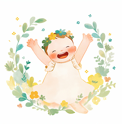 JPG 꽃 일러스트 나뭇잎 수채화 한명 미소 웃음 상반신 화관 만세 아기 순수 아기만 국내일러스트 AI일러스트 AI콘텐츠 식물 1 컨셉 잎 모션 표정 사람 파일형식