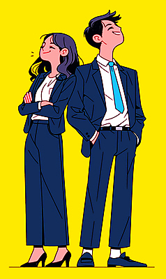 전신 여자 남자 일러스트 비즈니스 직장 서기 미소 정장 성인 두명 파란색 노란색 팔짱 직장인 주머니손 성인만 국내일러스트 AI파일 직업 옷 컬러 회사 모션 표정 사람 파일형식 벡터