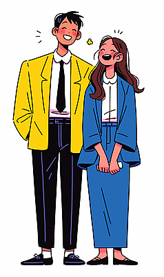 전신 여자 남자 행복 일러스트 비즈니스 직장 서기 웃음 정장 성인 두명 파란색 노란색 마주보기 직장인 동료 주머니손 손모으기 성인만 국내일러스트 AI파일 직업 옷 감정 컬러 회사 관계 모션 표정 사람 손짓 파일형식 벡터