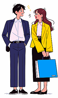 전신 여자 남자 일러스트 비즈니스 관계 직장 서기 미소 들기 정장 성인 두명 쇼핑백 노란색 마주보기 귀걸이 직장인 남색 주머니손 성인만 국내일러스트 AI파일 직업 옷 컬러 가방 회사 장신구 모션 표정 사람 파일형식 벡터