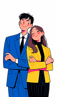 여자 남자 일러스트 비즈니스 직장 서기 미소 웃음 정장 성인 두명 파란색 노란색 팔짱 기댐 직장인 편안함 성인만 국내일러스트 AI파일 직업 옷 컬러 회사 모션 표정 사람 감각 파일형식 벡터