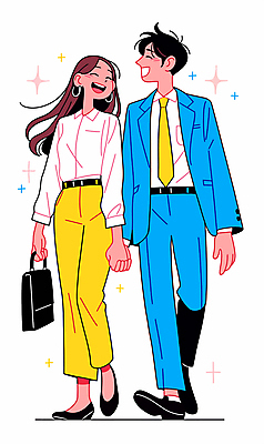 전신 여자 남자 하늘색 서류가방 일러스트 웃음 들기 성인 두명 반짝임 노란색 마주보기 걷기 손잡기 귀걸이 직장인 성인만 국내일러스트 AI파일 직업 컬러 가방 장신구 모션 표정 사람 파란색 파일형식 벡터
