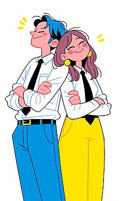 전신 여자 남자 하늘색 일러스트 비즈니스 직장 사랑 서기 미소 정장 성인 두명 노란색 팔짱 눈감음 귀걸이 기댐 직장인 성인만 국내일러스트 AI파일 직업 옷 감정 컬러 회사 장신구 모션 표정 사람 파란색 파일형식 벡터