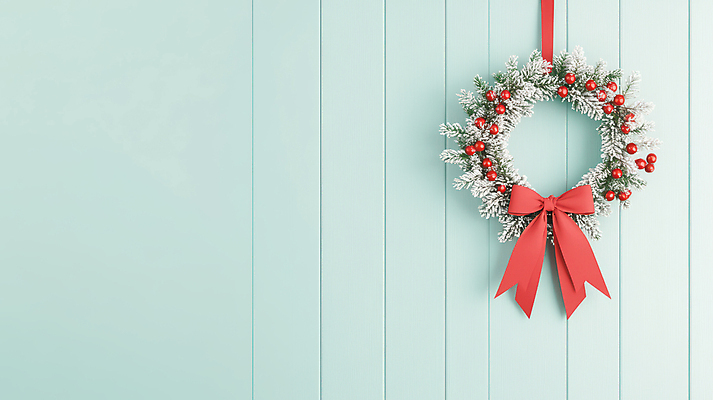 JPG 편집이미지 열매 리본 벽 하늘색 크리스마스 사람없음 장식 이미지 솔잎 카피스페이스 크리스마스리스 편집실사 AI포토 AI콘텐츠 식물 기념일 잎 파란색 화환 공백 CG 파일형식