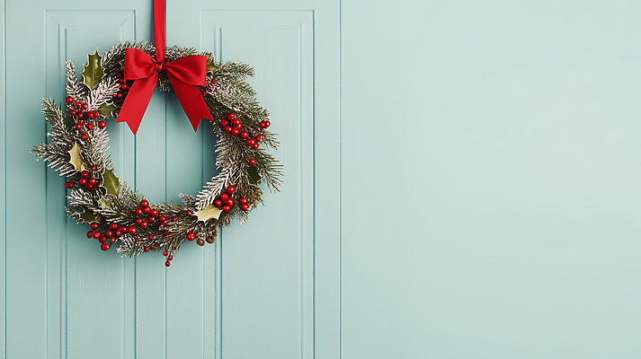 JPG 편집이미지 리본 벽 하늘색 크리스마스 사람없음 장식 문 이미지 솔잎 호랑가시나무열매 카피스페이스 크리스마스리스 편집실사 AI포토 AI콘텐츠 기념일 열매 잎 파란색 화환 공백 CG 파일형식