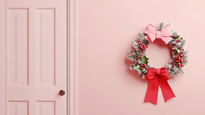 JPG 편집이미지 리본 벽 분홍색 크리스마스 사람없음 장식 문 이미지 솔잎 호랑가시나무열매 카피스페이스 크리스마스리스 편집실사 AI포토 AI콘텐츠 기념일 열매 컬러 잎 화환 공백 CG 파일형식