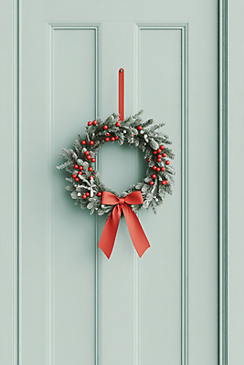 JPG 편집이미지 열매 리본 벽 하늘색 크리스마스 사람없음 장식 문 이미지 솔잎 카피스페이스 크리스마스리스 편집실사 AI포토 AI콘텐츠 식물 기념일 잎 파란색 화환 공백 CG 파일형식