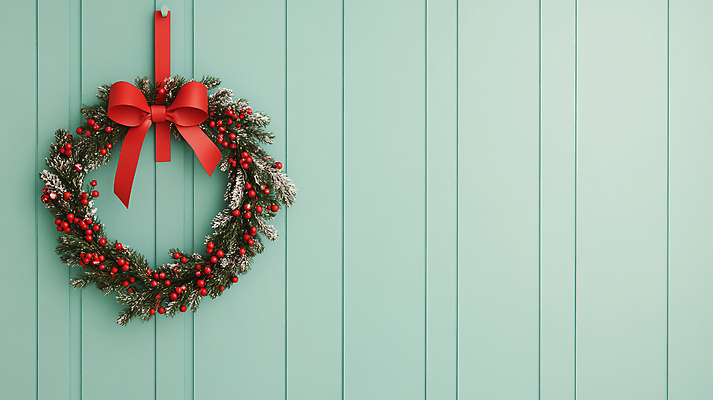 JPG 편집이미지 열매 리본 벽 하늘색 크리스마스 사람없음 장식 이미지 솔잎 카피스페이스 크리스마스리스 편집실사 AI포토 AI콘텐츠 식물 기념일 잎 파란색 화환 공백 CG 파일형식