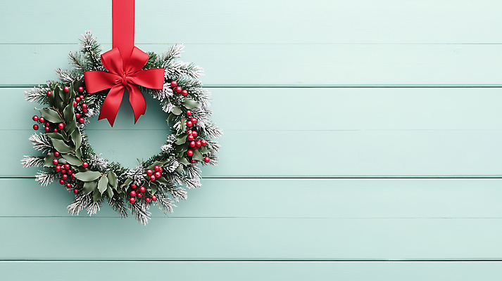 JPG 편집이미지 리본 벽 하늘색 크리스마스 사람없음 장식 이미지 솔잎 호랑가시나무열매 카피스페이스 크리스마스리스 편집실사 AI포토 AI콘텐츠 기념일 열매 잎 파란색 화환 공백 CG 파일형식