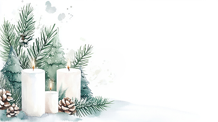 JPG 나무 크리스마스장식 크리스마스 일러스트 초 붓터치 불꽃 수채화 사람없음 눈 번짐 솔방울 솔잎 국내일러스트 AI일러스트 AI콘텐츠 자연요소 식물 기념일 잎 불 날씨 파일형식 효과
