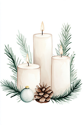 JPG 크리스마스장식 크리스마스 일러스트 초 붓터치 불꽃 수채화 사람없음 번짐 솔방울 솔잎 오너먼트 국내일러스트 AI일러스트 AI콘텐츠 기념일 잎 불 파일형식 효과