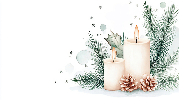 JPG 크리스마스장식 크리스마스 일러스트 초 붓터치 불꽃 수채화 사람없음 번짐 솔방울 솔잎 국내일러스트 AI일러스트 AI콘텐츠 기념일 잎 불 파일형식 효과