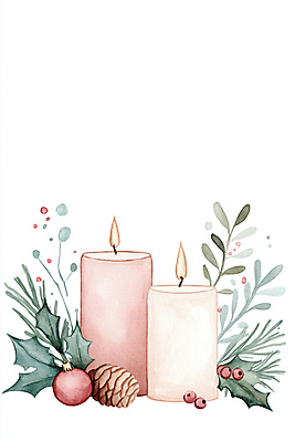 JPG 크리스마스장식 크리스마스 일러스트 초 붓터치 불꽃 수채화 사람없음 번짐 솔방울 솔잎 호랑가시나무열매 오너먼트 국내일러스트 AI일러스트 AI콘텐츠 기념일 열매 잎 불 파일형식 효과