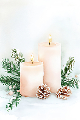 JPG 열매 크리스마스장식 크리스마스 일러스트 초 붓터치 불꽃 수채화 사람없음 번짐 솔방울 솔잎 국내일러스트 AI일러스트 AI콘텐츠 식물 기념일 잎 불 파일형식 효과