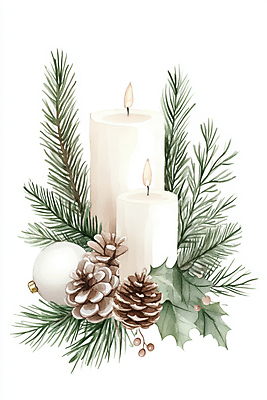JPG 크리스마스장식 크리스마스 일러스트 초 붓터치 불꽃 수채화 사람없음 번짐 솔방울 솔잎 호랑가시나무열매 오너먼트 국내일러스트 AI일러스트 AI콘텐츠 기념일 열매 잎 불 파일형식 효과