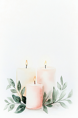 JPG 나무 잎 크리스마스장식 크리스마스 일러스트 초 붓터치 불꽃 수채화 사람없음 국내일러스트 AI일러스트 AI콘텐츠 식물 기념일 불 파일형식