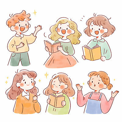 JPG 여자 남자 어린이 일러스트 말하기 대화 미소 웃음 들기 소녀 소년 여러명 책 반짝임 독서 손들기 토론 소통 어린이만 국내일러스트 AI일러스트 AI콘텐츠 다수 컨셉 모션 표정 사람 파일형식