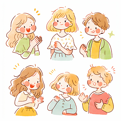 JPG 여자 남자 어린이 일러스트 대화 미소 웃음 소녀 소년 여러명 반짝임 손들기 토론 박수 소통 어린이만 국내일러스트 AI일러스트 AI콘텐츠 다수 컨셉 모션 표정 말하기 사람 손짓 파일형식