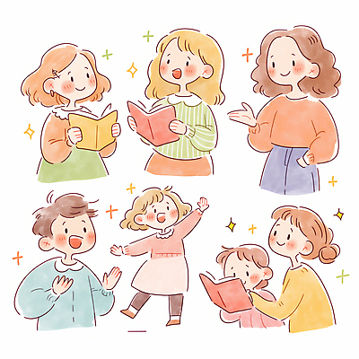 JPG 응시 여자 남자 어린이 일러스트 대화 들기 소녀 소년 여러명 성인 책 반짝임 독서 손들기 토론 주머니손 소통 국내일러스트 AI일러스트 AI콘텐츠 시선 다수 컨셉 모션 말하기 사람 파일형식