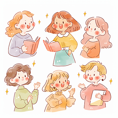 JPG 여자 남자 어린이 일러스트 대화 미소 웃음 들기 소녀 소년 여러명 책 반짝임 독서 손들기 토론 소통 어린이만 국내일러스트 AI일러스트 AI콘텐츠 다수 컨셉 모션 표정 말하기 사람 파일형식