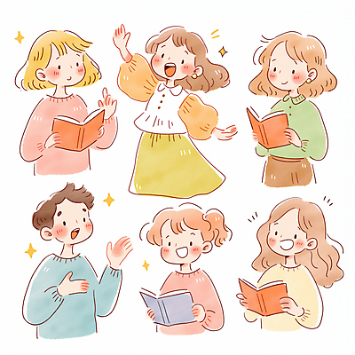 JPG 여자 남자 어린이 일러스트 말하기 대화 미소 웃음 들기 소녀 소년 여러명 책 반짝임 독서 손들기 토론 소통 어린이만 국내일러스트 AI일러스트 AI콘텐츠 다수 컨셉 모션 표정 사람 파일형식