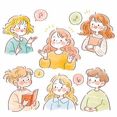 JPG 여자 남자 어린이 말풍선 음표 일러스트 안기 대화 미소 웃음 소녀 소년 여러명 책 독서 손들기 가리킴 토론 손모으기 소통 어린이만 국내일러스트 AI일러스트 AI콘텐츠 기호 음악 다수 컨셉 모션 표정 말하기 사람 손짓 파일형식