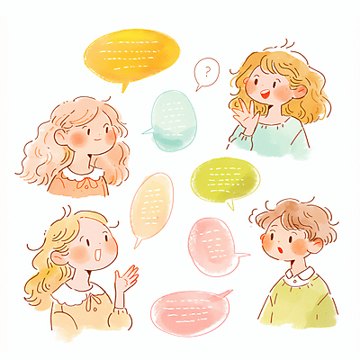 JPG 여자 남자 어린이 말풍선 일러스트 말하기 대화 미소 소녀 소년 여러명 손들기 토론 소통 어린이만 국내일러스트 AI일러스트 AI콘텐츠 다수 컨셉 모션 표정 사람 파일형식