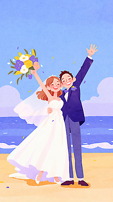 JPG 전신 구름 여자 남자 행복 신부 바다 꽃다발 웨딩드레스 신랑 결혼 일러스트 자연 결혼식 사랑 서기 미소 들기 성인 해변 두명 파란색 손들기 성인만 국내일러스트 AI일러스트 AI콘텐츠 자연요소 드레스 꽃 감정 컬러 모션 표정 사람 이벤트 생태계 파일형식