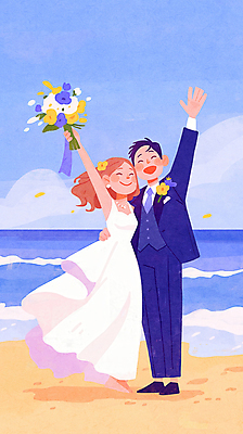 JPG 전신 구름 여자 남자 행복 신부 바다 꽃다발 웨딩드레스 허리손 신랑 결혼 일러스트 자연 결혼식 사랑 들기 성인 해변 두명 파란색 손들기 성인만 국내일러스트 AI일러스트 AI콘텐츠 자연요소 드레스 꽃 감정 컬러 포즈 모션 사람 이벤트 생태계 파일형식