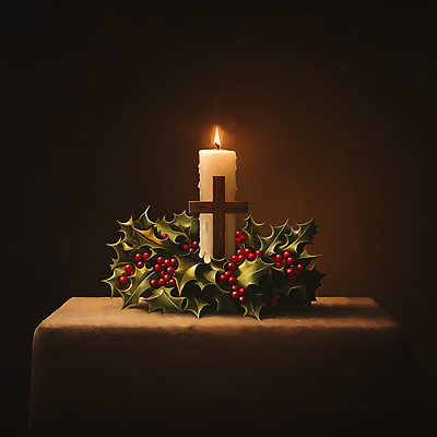 JPG 편집이미지 십자가 크리스마스장식 크리스마스 겨울 촛불 사람없음 장식 빨간색 초록색 빛 고요 분위기 단상 호랑가시나무열매 편집실사 AI포토 AI콘텐츠 계절 기념일 열매 컬러 컨셉 초 CG 파일형식