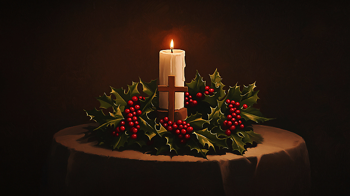 JPG 편집이미지 십자가 크리스마스장식 크리스마스 겨울 촛불 사람없음 장식 빨간색 초록색 빛 고요 분위기 단상 호랑가시나무열매 편집실사 AI포토 AI콘텐츠 계절 기념일 열매 컬러 컨셉 초 CG 파일형식