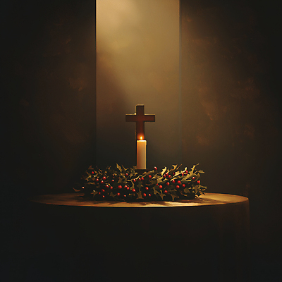 JPG 편집이미지 십자가 크리스마스장식 크리스마스 겨울 촛불 사람없음 장식 빨간색 초록색 빛 고요 분위기 단상 호랑가시나무열매 편집실사 AI포토 AI콘텐츠 계절 기념일 열매 컬러 컨셉 초 CG 파일형식