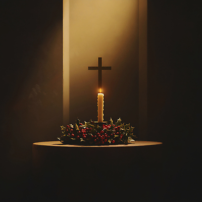 JPG 편집이미지 십자가 크리스마스장식 크리스마스 겨울 촛불 사람없음 장식 빨간색 초록색 빛 고요 분위기 단상 호랑가시나무열매 편집실사 AI포토 AI콘텐츠 계절 기념일 열매 컬러 컨셉 초 CG 파일형식