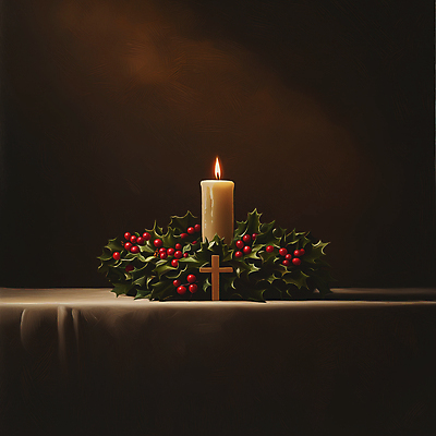 JPG 편집이미지 십자가 크리스마스장식 크리스마스 겨울 촛불 사람없음 장식 빨간색 초록색 빛 고요 분위기 단상 호랑가시나무열매 편집실사 AI포토 AI콘텐츠 계절 기념일 열매 컬러 컨셉 초 CG 파일형식
