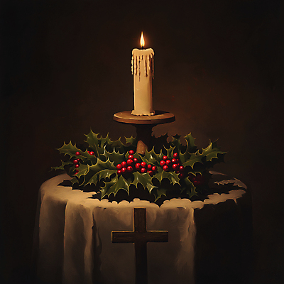 JPG 편집이미지 십자가 크리스마스장식 크리스마스 겨울 촛불 사람없음 장식 빨간색 초록색 빛 고요 분위기 단상 호랑가시나무열매 편집실사 AI포토 AI콘텐츠 계절 기념일 열매 컬러 컨셉 초 CG 파일형식